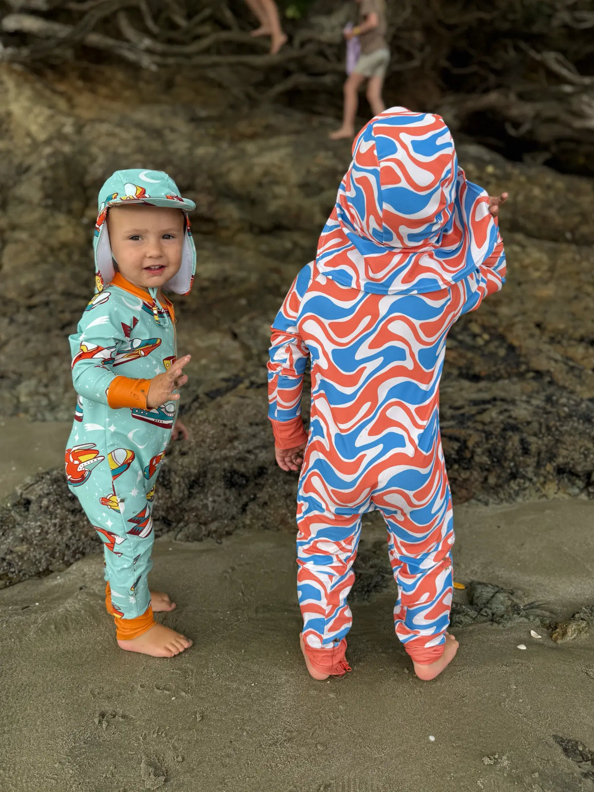 All Wavy Baby legionnaire swim hat with neck flap, with matching baby sunsuit, photo 2 – end of line UPF50+ sun hat on sale, by Cucumber Cool