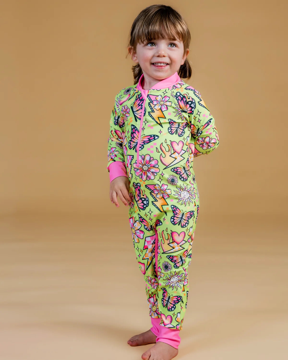 Butterfly Babe butterfly print baby sunsuit – bright UPF50+ long sleeve swimsuit by Cucumber Cool