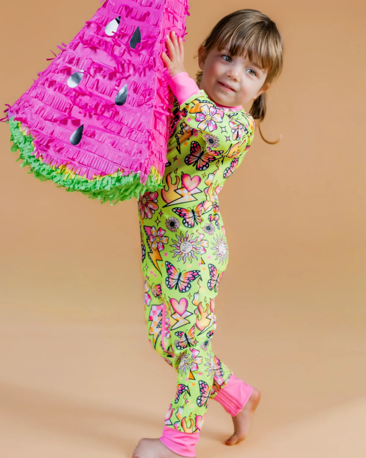 Butterfly Babe butterfly print toddler sunsuit, photo 2 – bright UPF50+ long sleeve swimsuit by Cucumber Cool