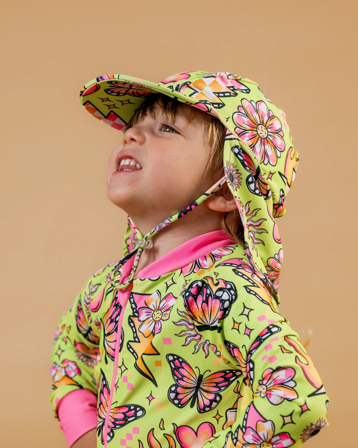 Butterfly Babe legionnaire swim hat with neck flap, photo 2 – bright UPF50+ kids & baby sun hat by Cucumber Cool