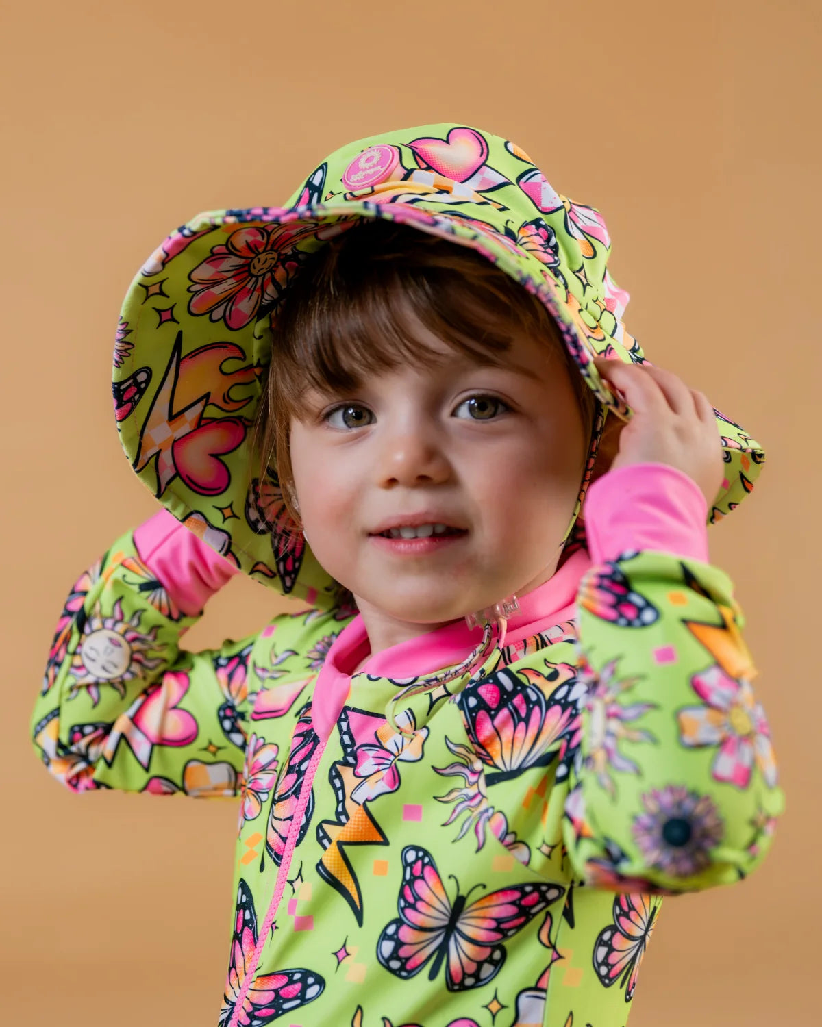 Butterfly Babe kids swim bucket hat with chin strap – bright UPF50+ round brim beach hat by Cucumber Cool