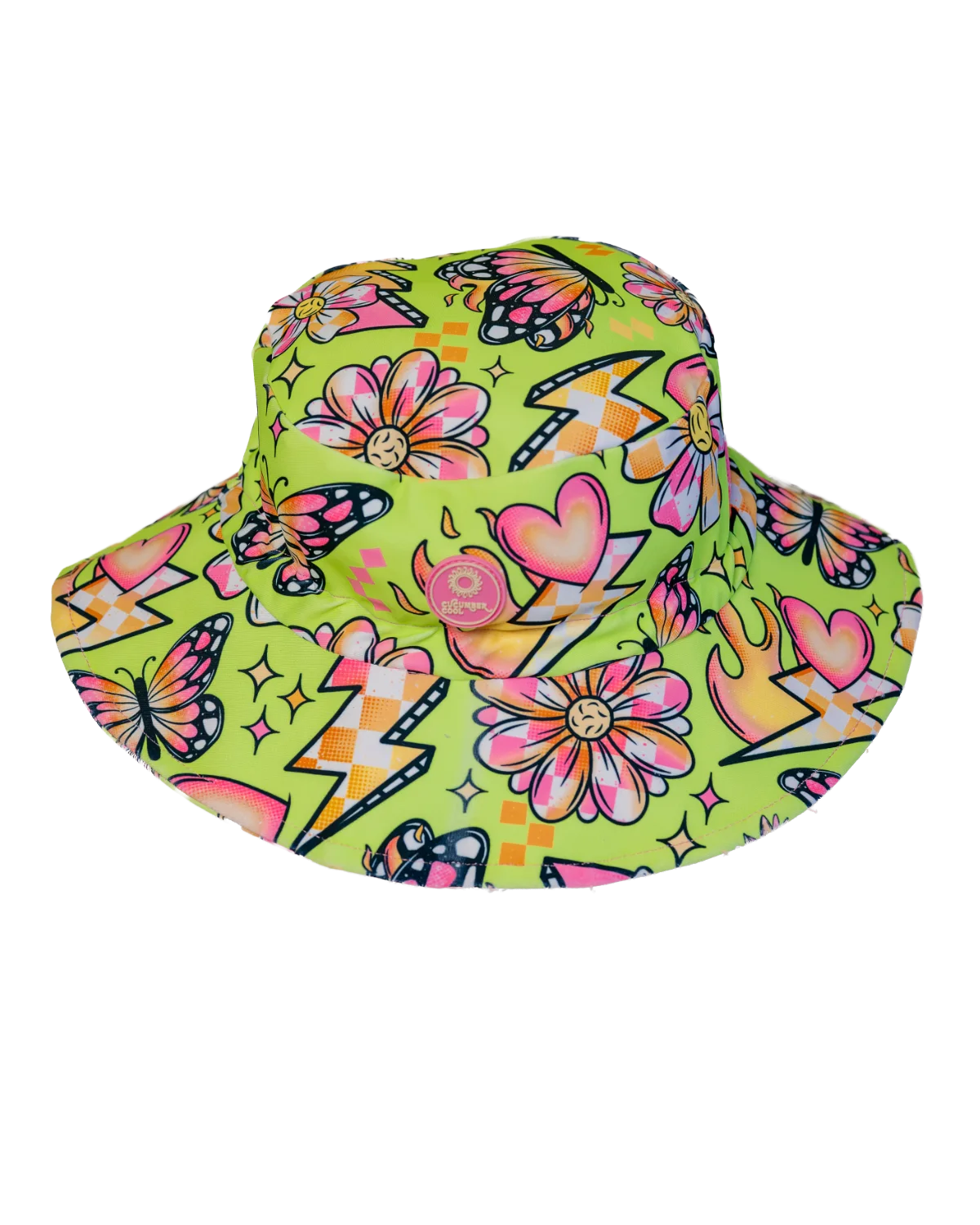 Butterfly Babe kids swim bucket hat with chin strap, big kids size, flat lay – bright UPF50+ round brim beach hat by Cucumber Cool