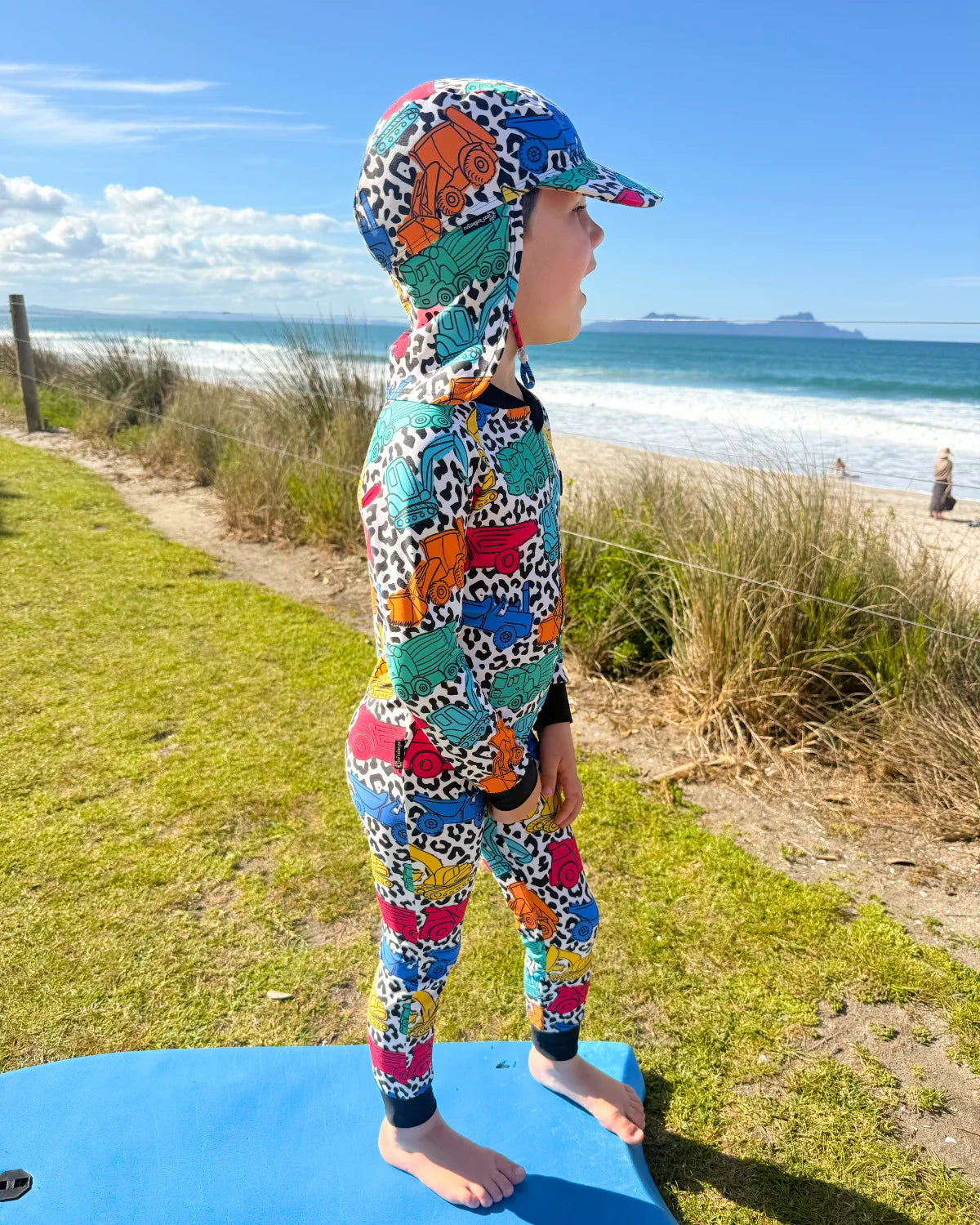 Construction Cool kids sunsuit, photo 2 – bright UPF50+ long sleeve full coverage swimsuit by Cucumber Cool