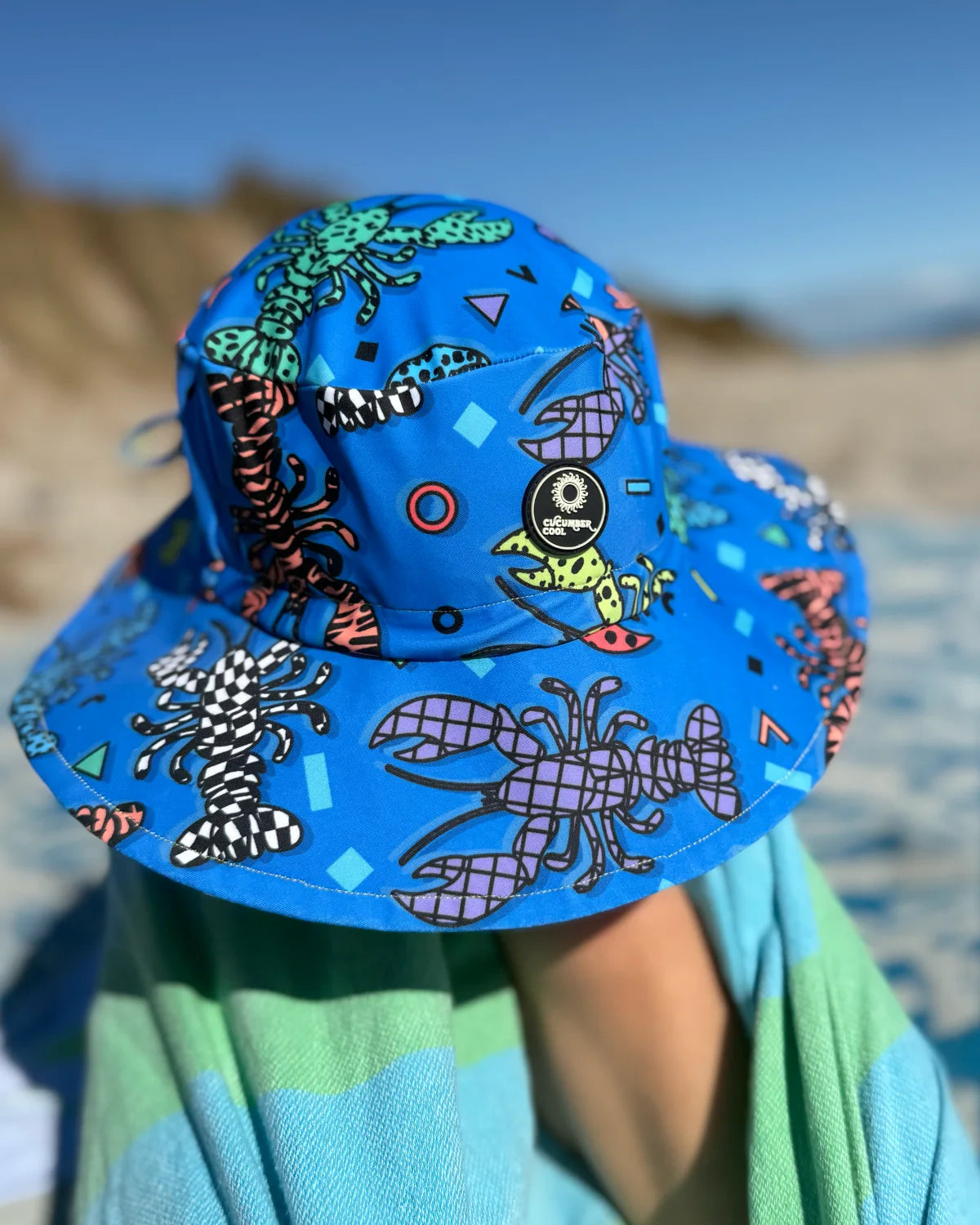 Crazy Claws kids swim bucket hat with chin strap, photo 3 – bright UPF50+ round brim beach hat by Cucumber Cool