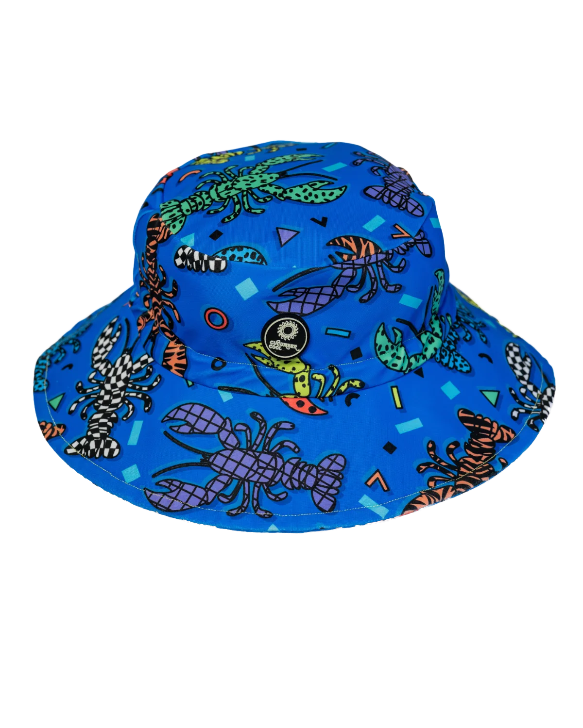 Crazy Claws kids swim bucket hat with chin strap, big kids size, flat lay – bright UPF50+ round brim beach hat by Cucumber Cool