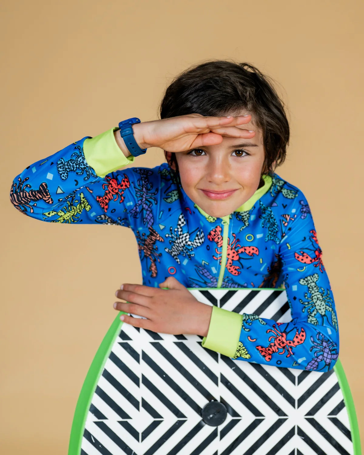 Crazy Claws kids sunsuit, photo 2 – bright UPF50+ long sleeve full coverage swimsuit by Cucumber Cool