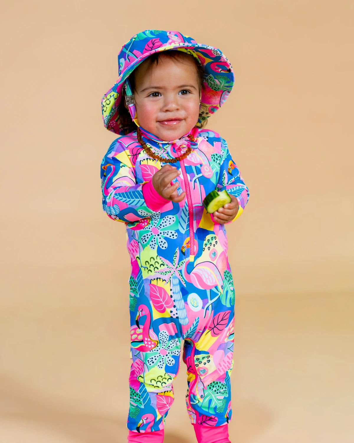 Club Tropicana tropical print toddler sunsuit, photo 5 – bright UPF50+ long sleeve swimsuit by Cucumber Cool