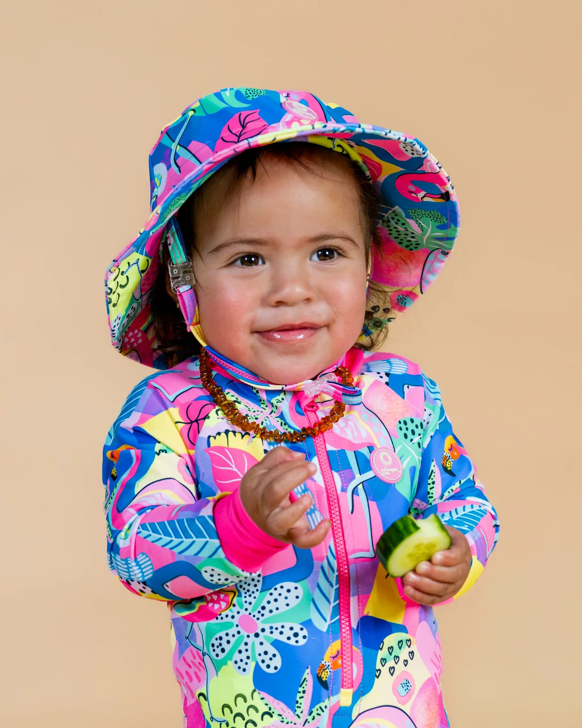 Club Tropicana tropical print kids swim bucket hat with chin strap, photo 3 – bright UPF50+ round brim beach hat by Cucumber Cool