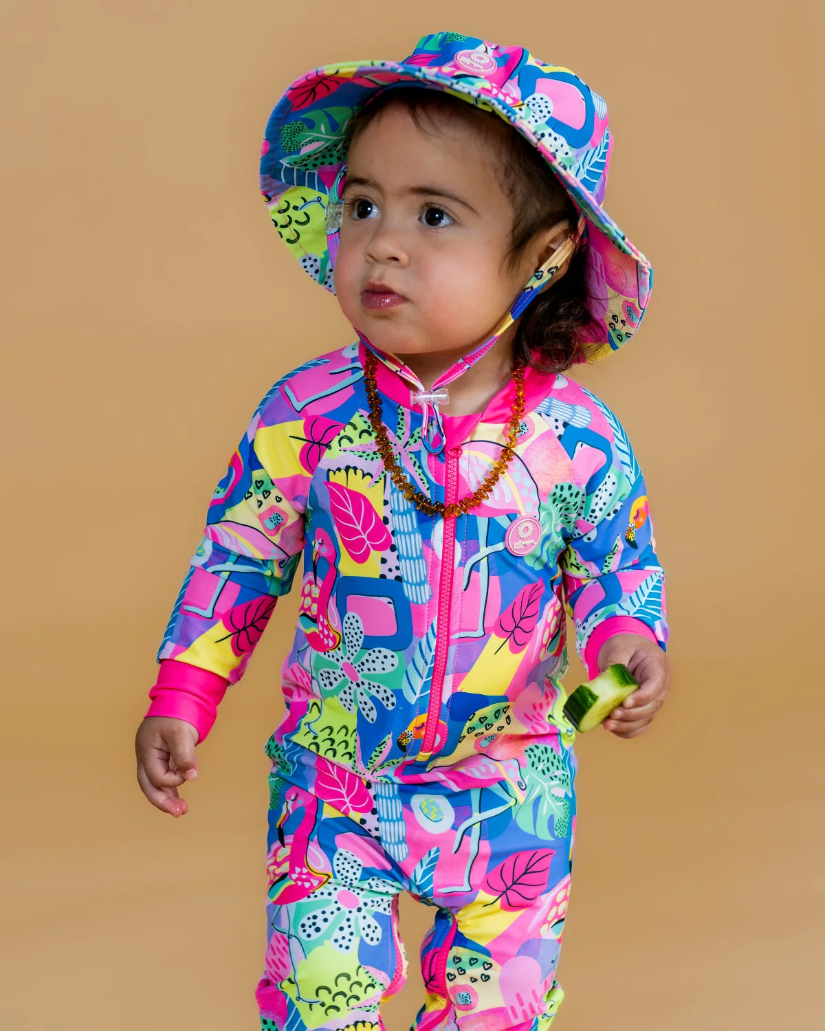 Club Tropicana tropical print kids swim bucket hat with chin strap, photo 8 – bright UPF50+ round brim beach hat by Cucumber Cool