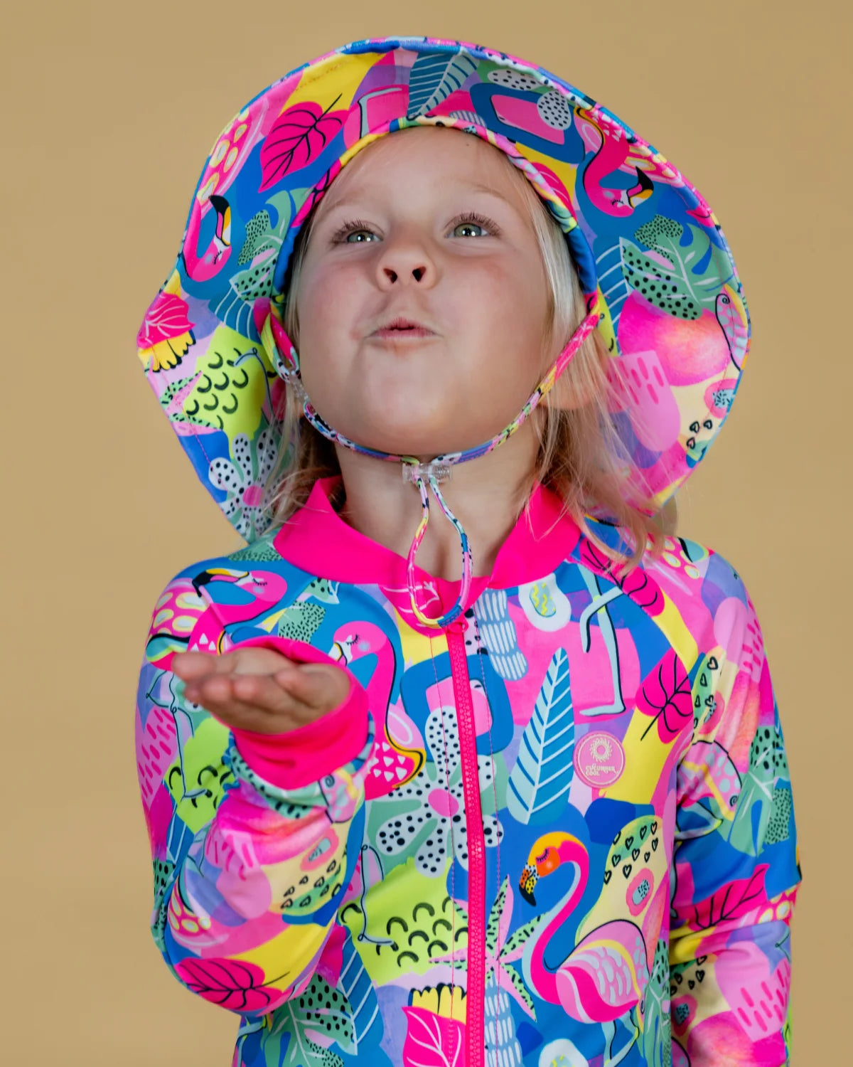 Club Tropicana tropical print kids swim bucket hat with chin strap, photo 7 – bright UPF50+ round brim beach hat by Cucumber Cool