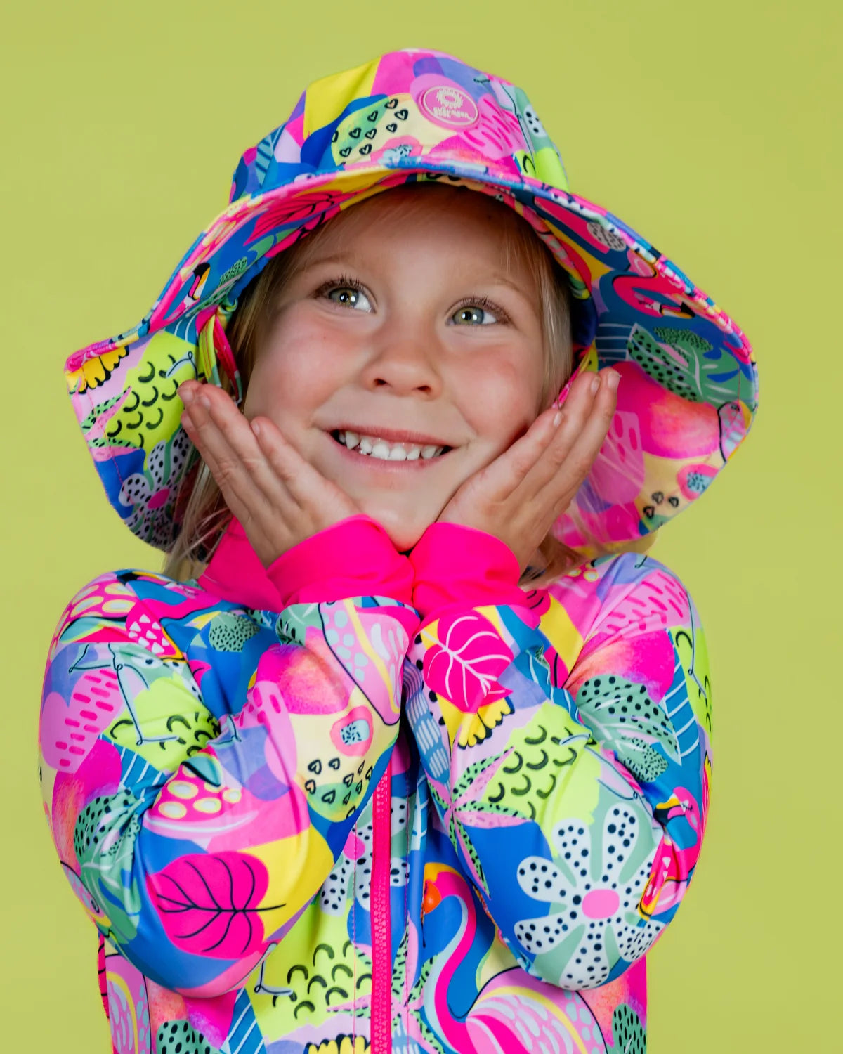 Club Tropicana tropical print kids swim bucket hat with chin strap, photo 4 – bright UPF50+ round brim beach hat by Cucumber Cool