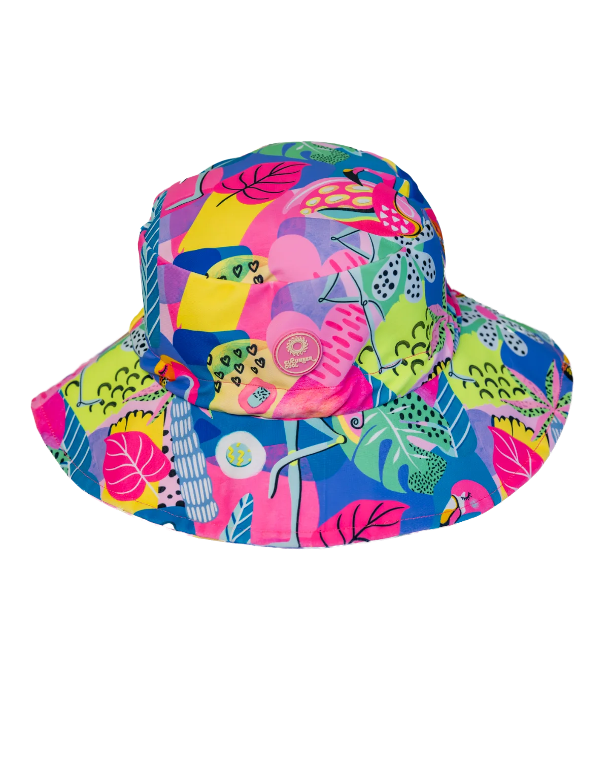 Club Tropicana tropical print kids swim bucket hat with chin strap, big kids size, flat lay – bright UPF50+ round brim beach hat by Cucumber Cool