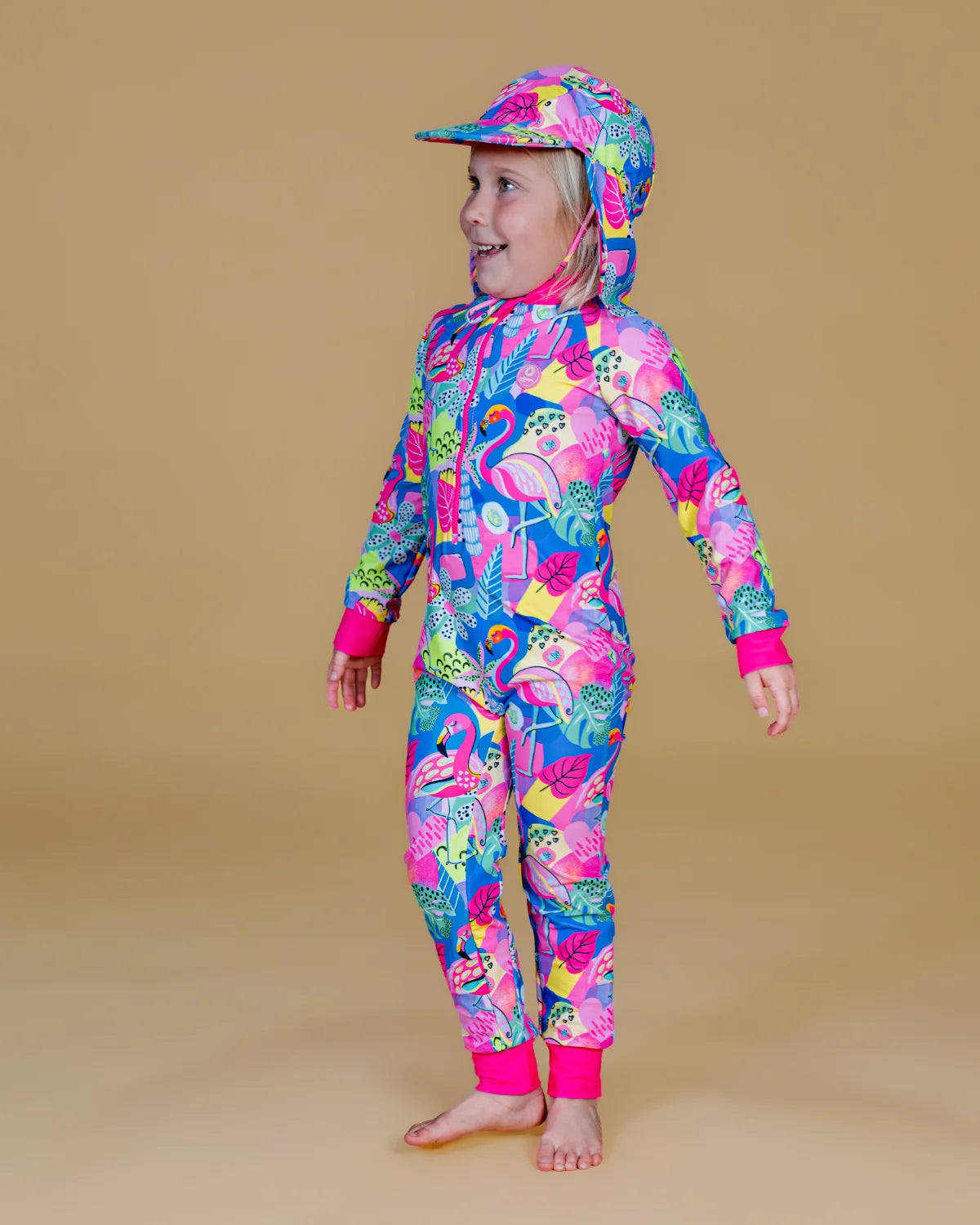 Club Tropicana tropical print kids sunsuit, photo 2 – bright UPF50+ long sleeve full coverage swimsuit by Cucumber Cool