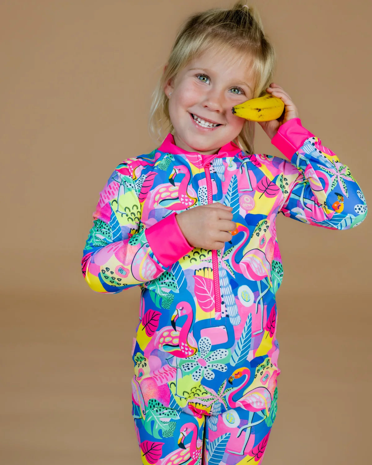 Club Tropicana tropical print kids sunsuit, photo 3 – bright UPF50+ long sleeve full coverage swimsuit by Cucumber Cool