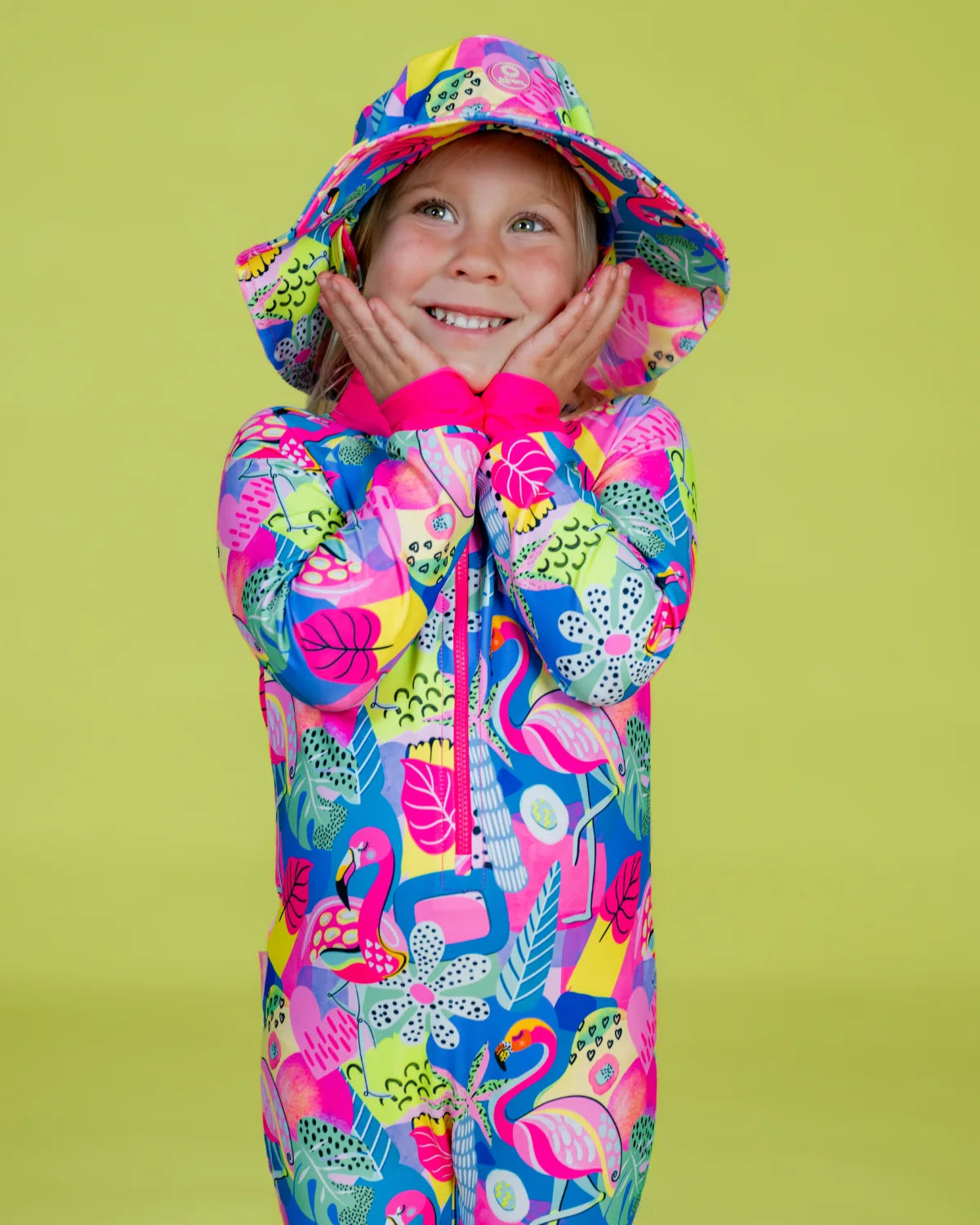 Club Tropicana tropical print kids sunsuit, photo 4 – bright UPF50+ long sleeve full coverage swimsuit by Cucumber Cool