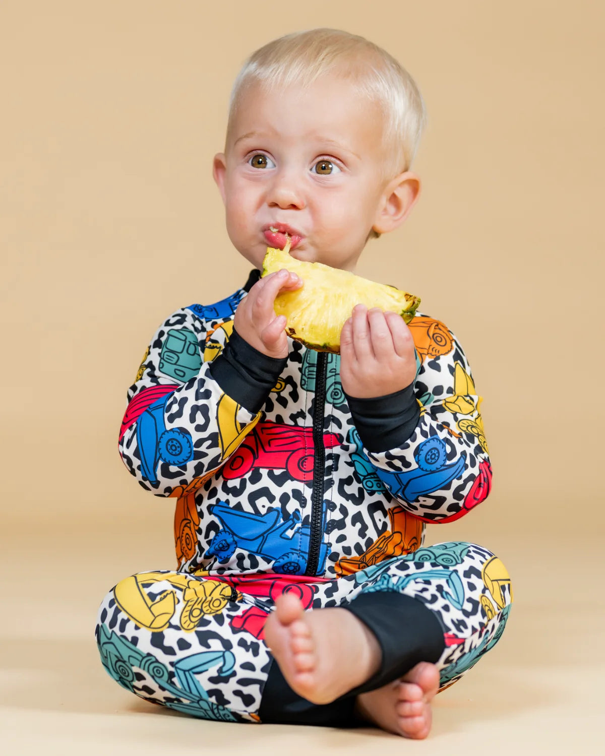 Construction Cool digger print baby sunsuit – bright UPF50+ long sleeve swimsuit by Cucumber Cool