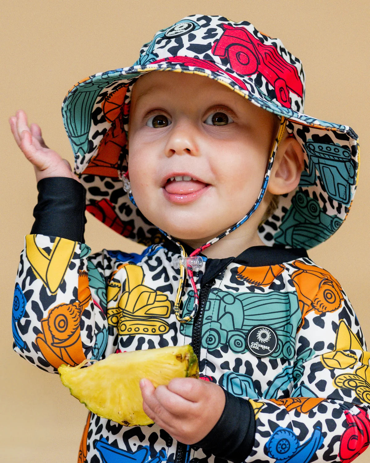 Construction Cool kids swim bucket hat with chin strap – bright UPF50+ round brim beach hat by Cucumber Cool