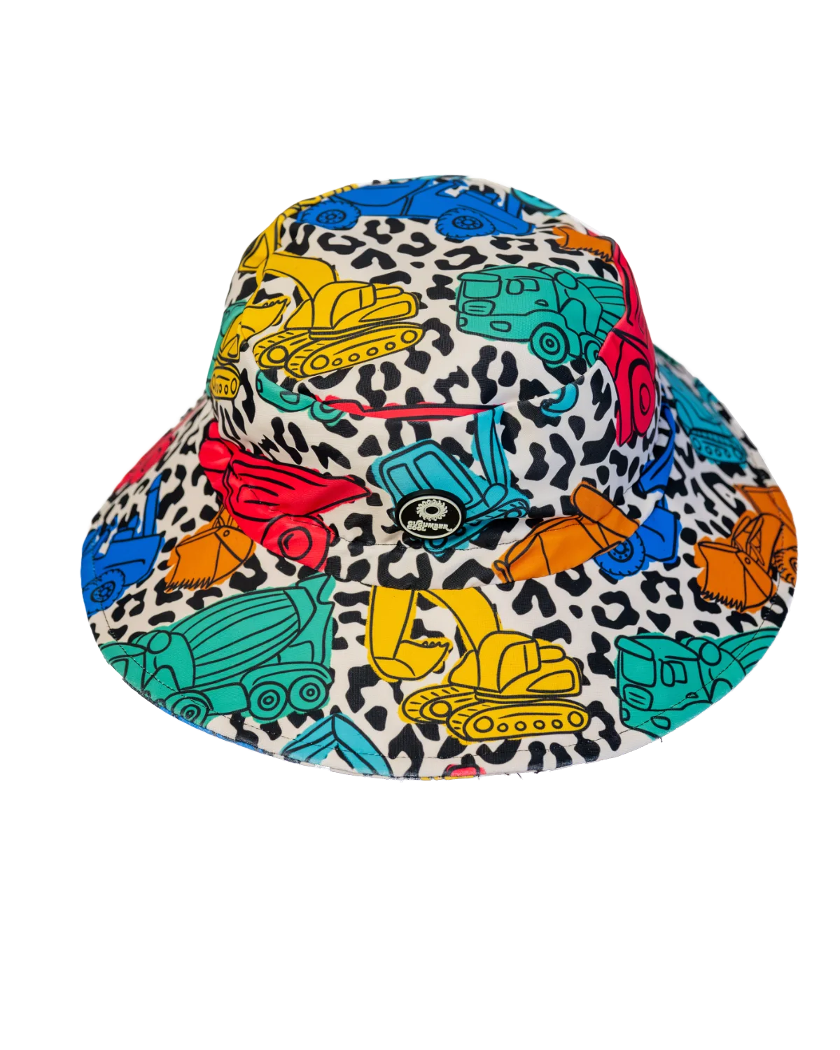 Construction Cool kids swim bucket hat with chin strap, big kids size, flat lay – bright UPF50+ round brim beach hat by Cucumber Cool