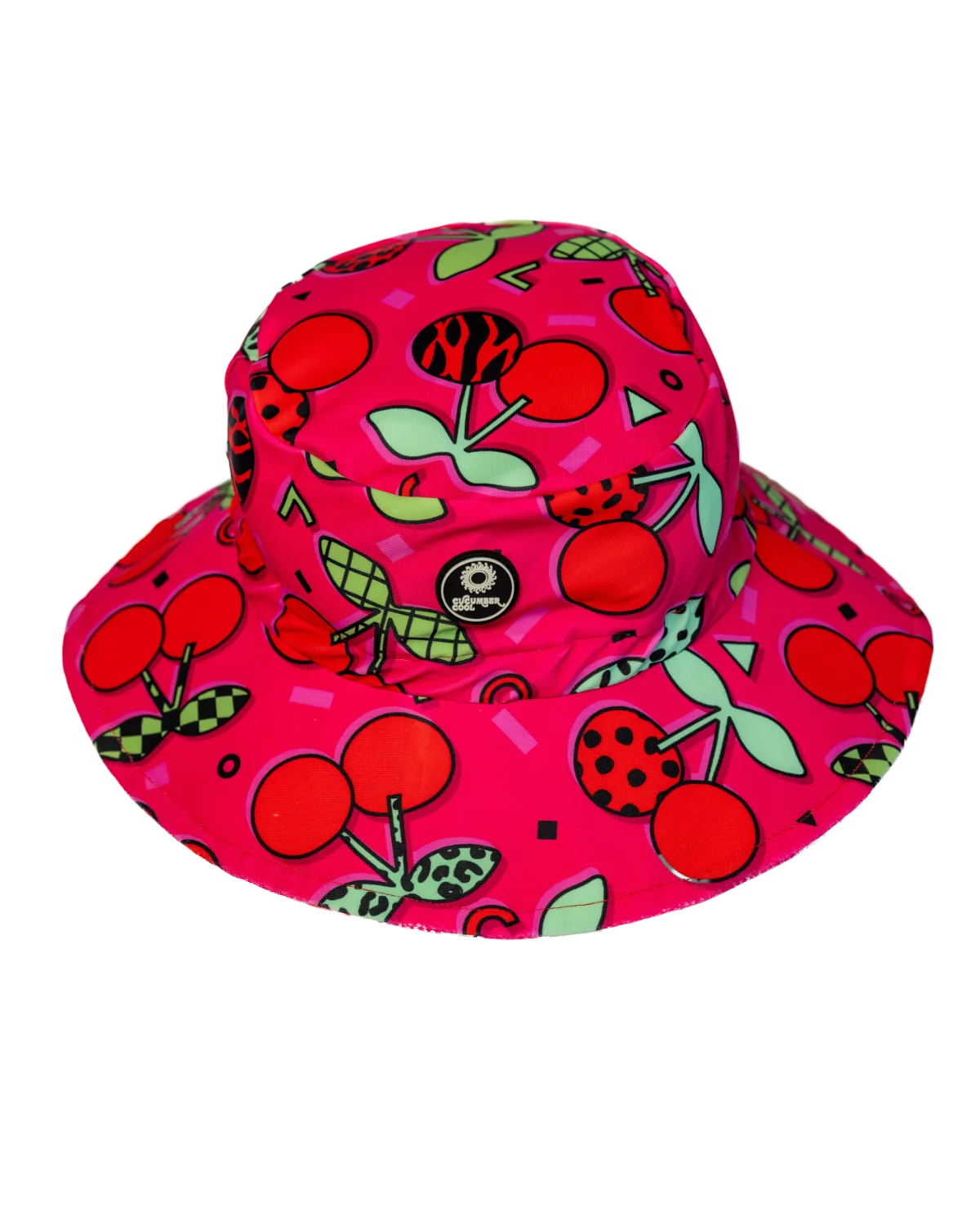 Cherry Pop kids swim bucket hat with chin strap, big kids size, flat lay – bright UPF50+ round brim beach hat by Cucumber Cool