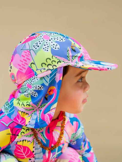 Club Tropicana tropical print legionnaire swim hat with neck flap, flat lay – bright UPF50+ kids & baby sun hat by Cucumber Cool
