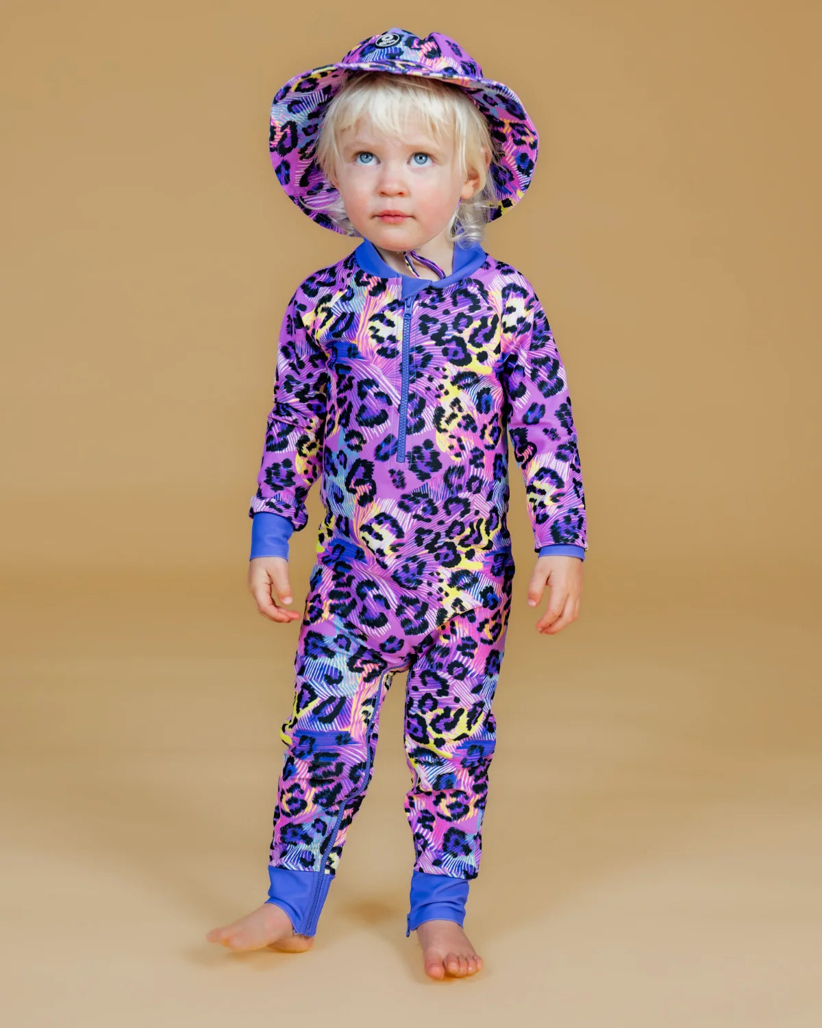 Electric Meow leopard print toddler sunsuit – bright UPF50+ long sleeve swimsuit by Cucumber Cool