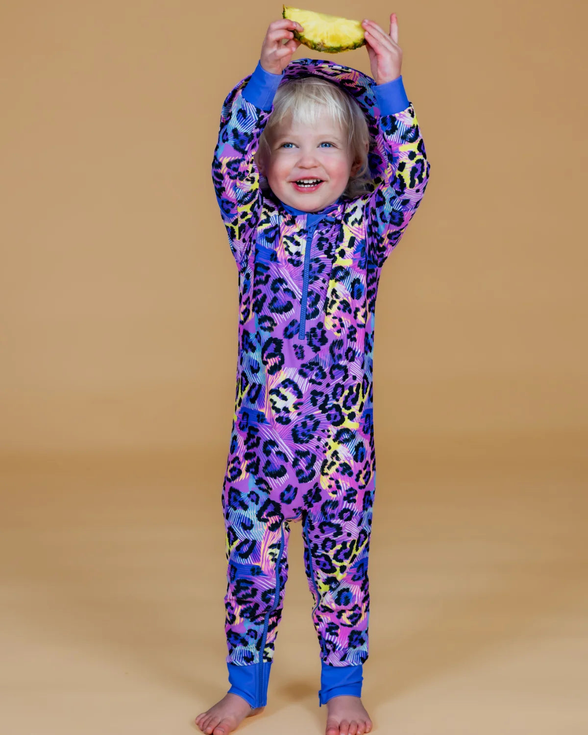 Electric Meow leopard print baby sunsuit, photo 3 – bright UPF50+ long sleeve swimsuit by Cucumber Cool