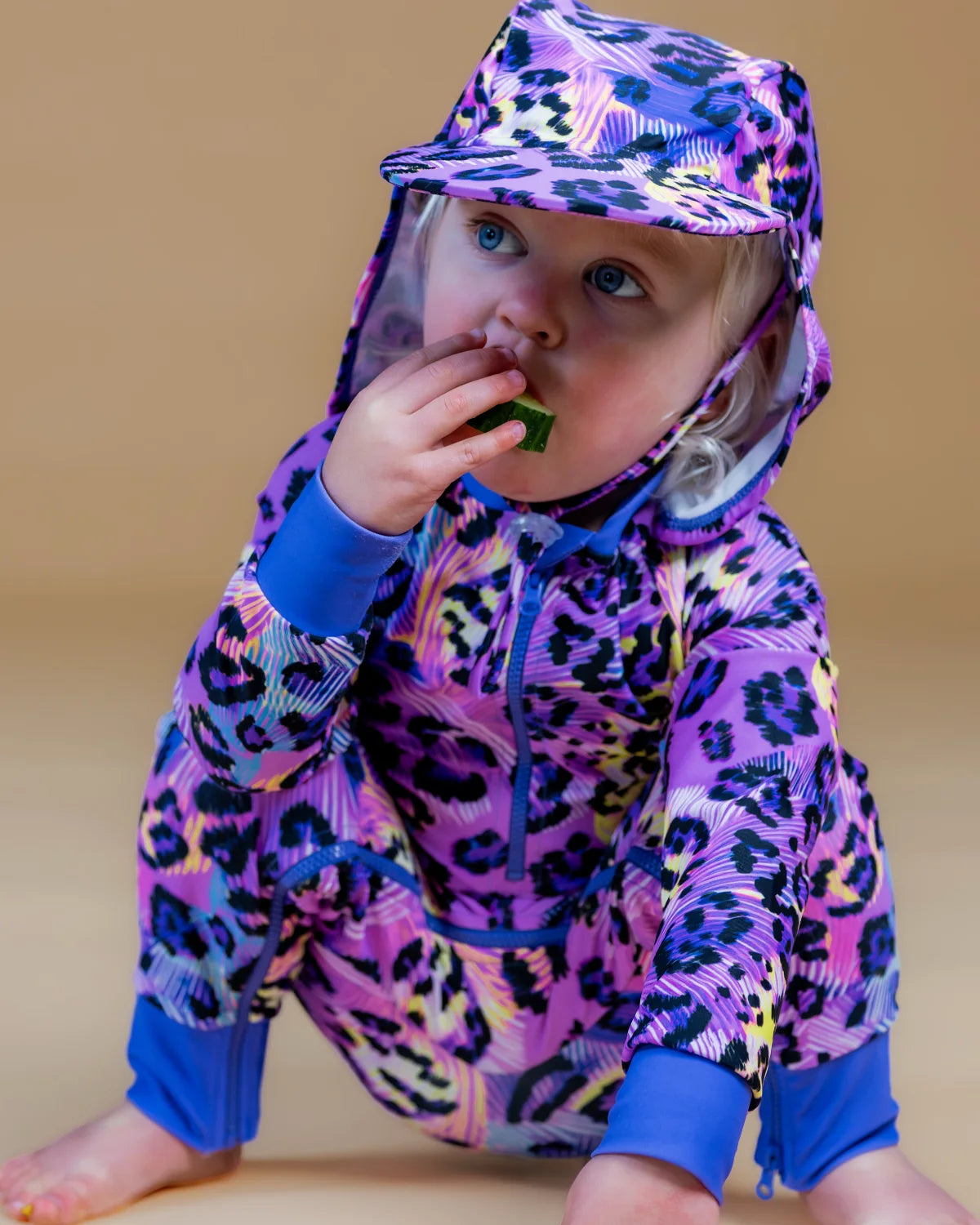 Electric Meow leopard print legionnaire swim hat with neck flap, photo 2 – bright UPF50+ kids & baby sun hat by Cucumber Cool
