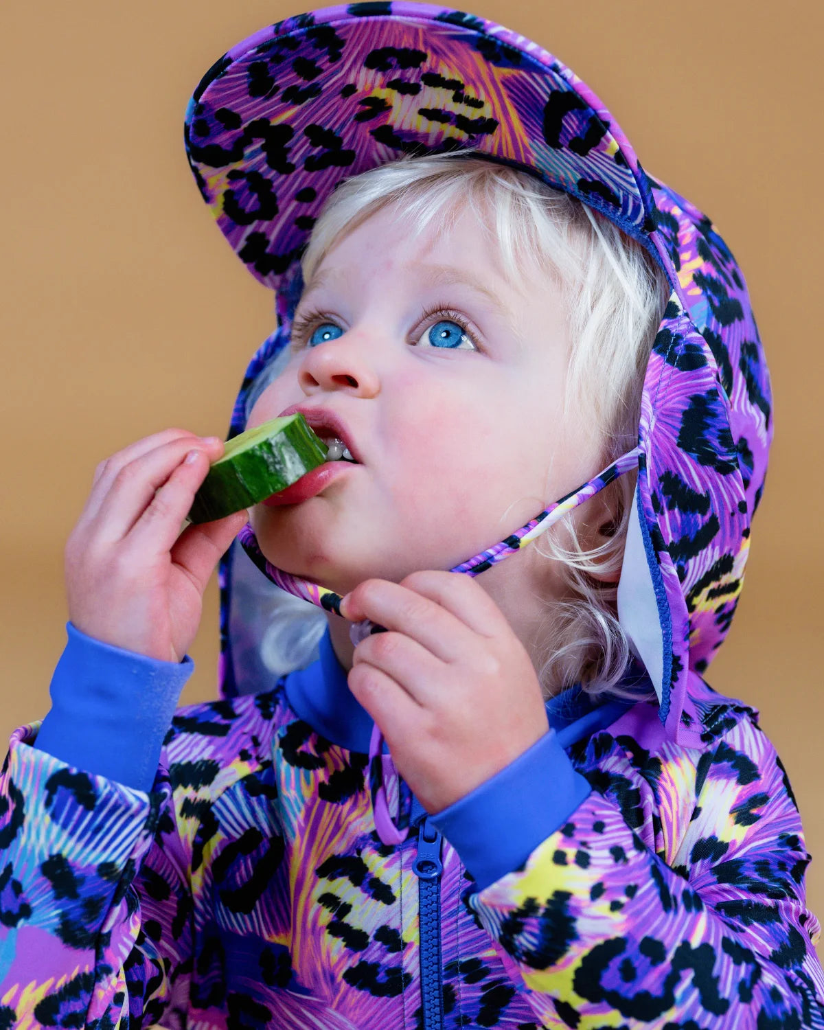 Electric Meow leopard print legionnaire swim hat with neck flap – bright UPF50+ kids & baby sun hat by Cucumber Cool