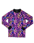 Electric Meow leopard print kids long sleeve rash top, flat lay – bright UPF50+ rash vest by Cucumber Cool