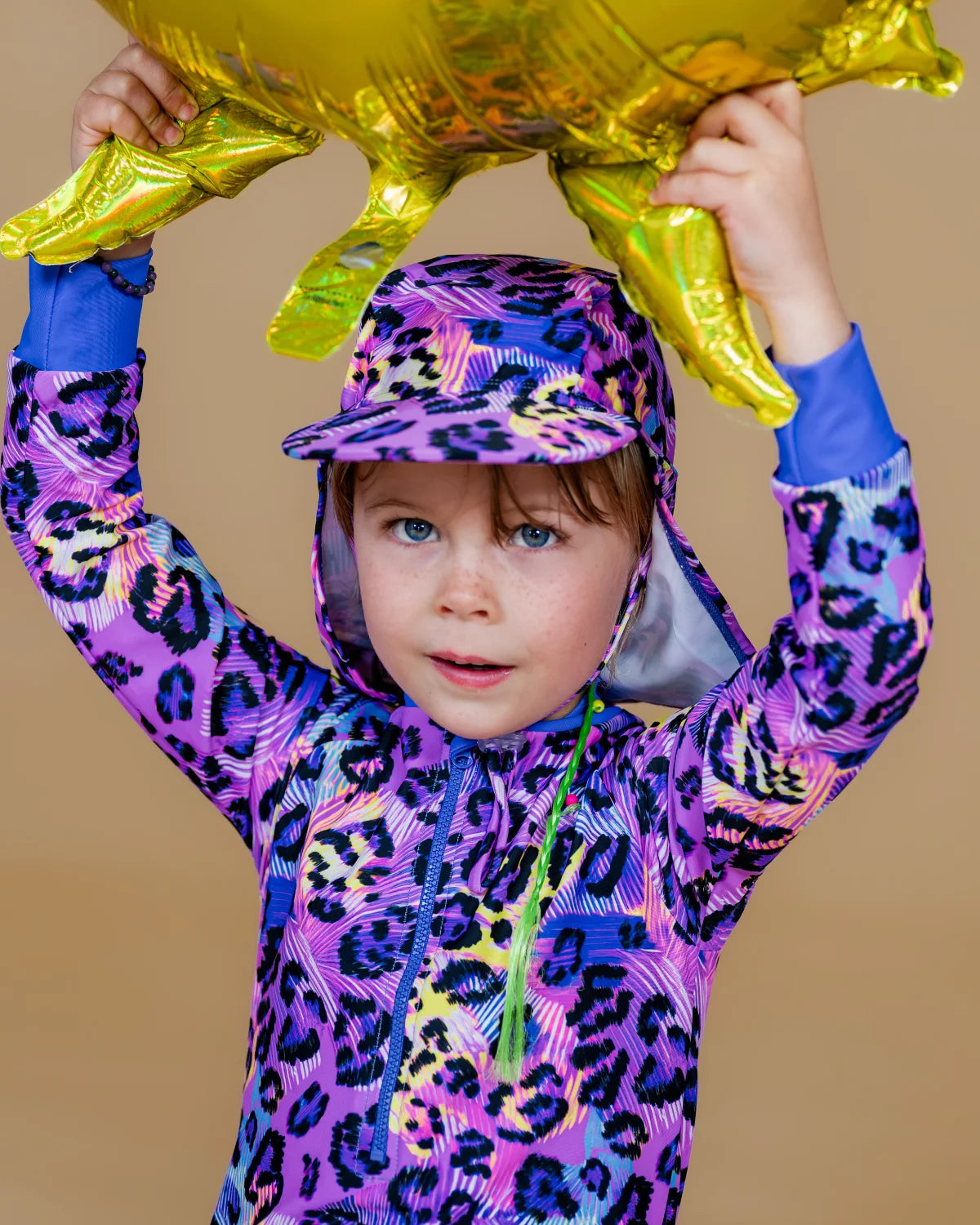 Electric Meow leopard print kids sunsuit, photo 5 – bright UPF50+ long sleeve full coverage swimsuit by Cucumber Cool
