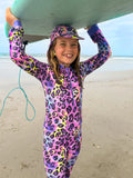Electric Meow leopard print kids sunsuit – bright UPF50+ long sleeve full coverage swimsuit by Cucumber Cool