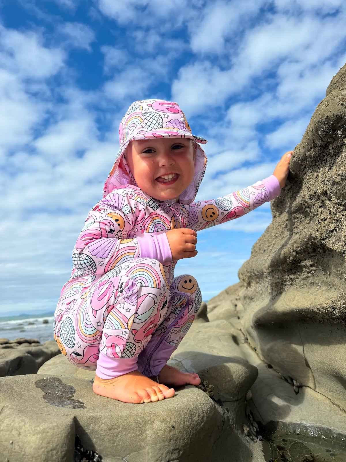 Flamingo Fiesta legionnaire swim hat with neck flap, kids size – end of line UPF50+ sun hat on sale, by Cucumber Cool