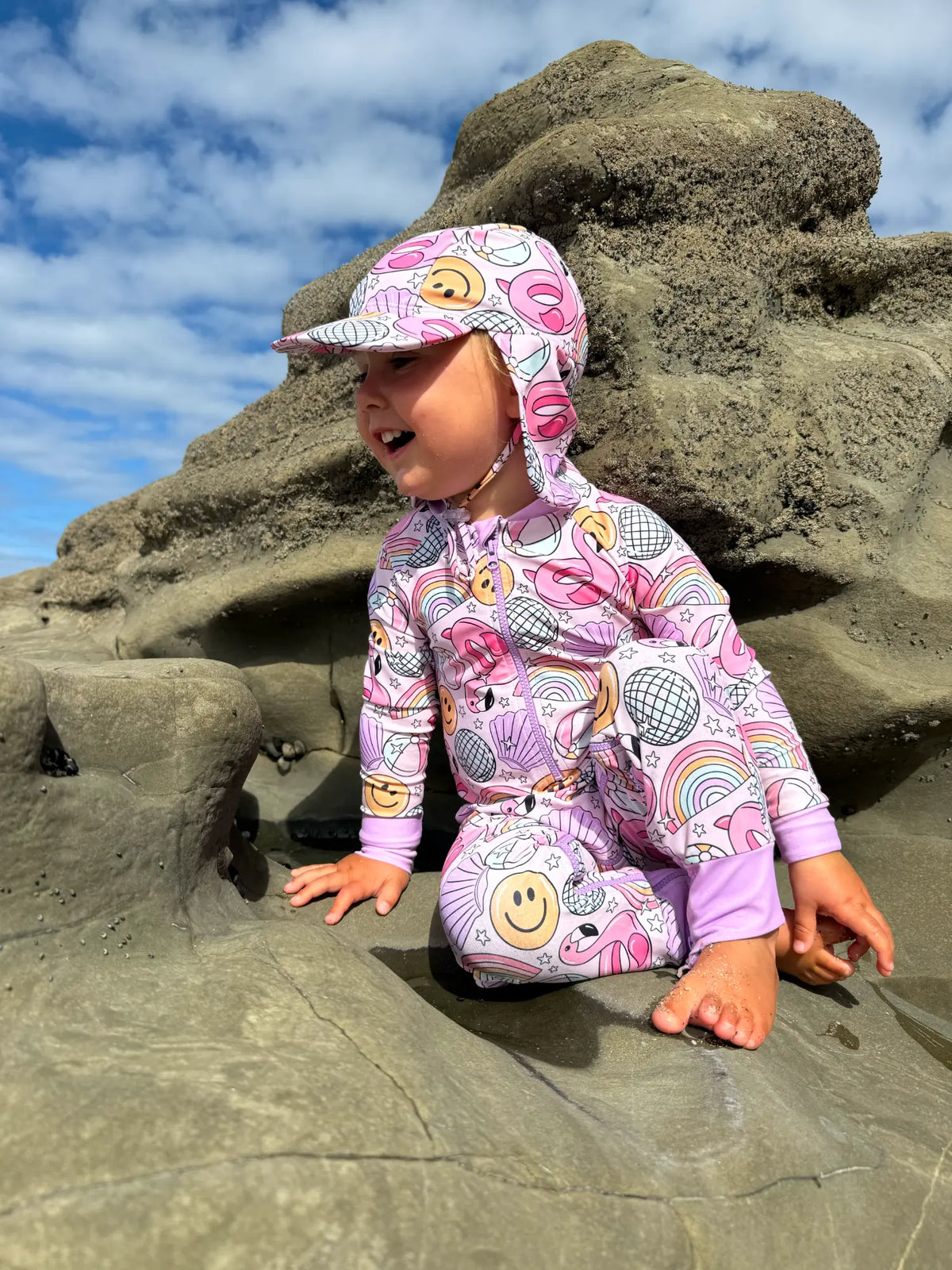 Flamingo Fiesta legionnaire swim hat with neck flap, with matching kids sunsuit – end of line UPF50+ sun hat on sale, by Cucumber Cool