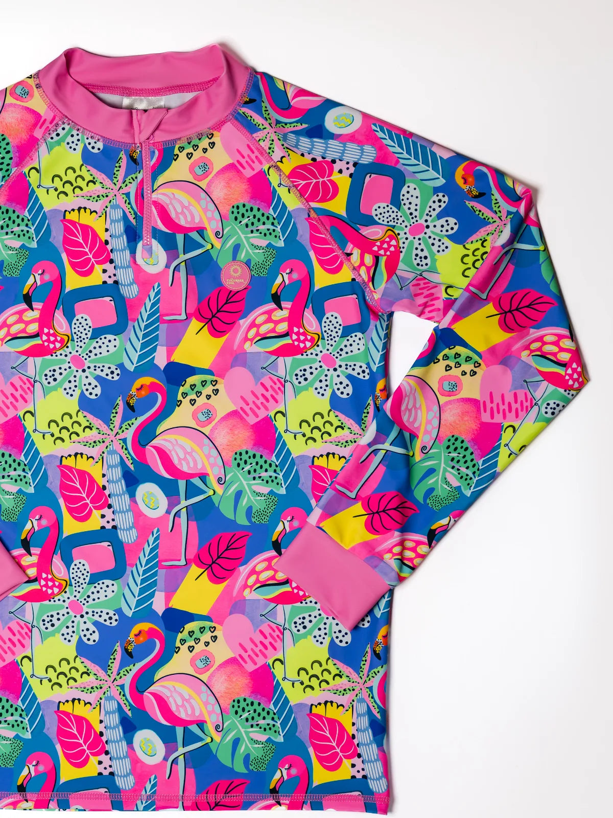 Club Tropicana tropical print kids long sleeve rash top, flat lay, photo 2 – bright UPF50+ rash vest by Cucumber Cool