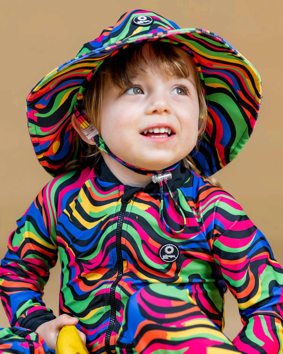 Look At Me Leopard leopard print kids swim bucket hat with chin strap, photo 3 – bright UPF50+ round brim beach hat by Cucumber Cool