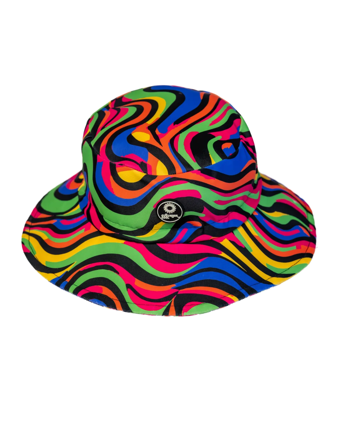 Look At Me Leopard leopard print kids swim bucket hat with chin strap, big kids size, flat lay – bright UPF50+ round brim beach hat by Cucumber Cool