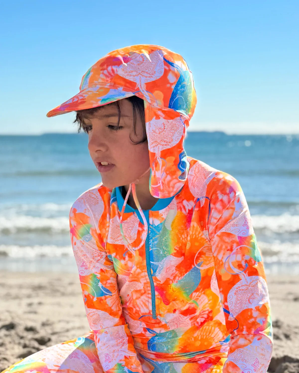Manta Magic legionnaire swim hat with neck flap – bright UPF50+ kids & baby sun hat by Cucumber Cool