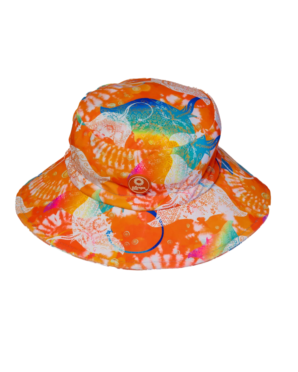 Manta Magic kids swim bucket hat with chin strap, big kids size, flat lay – bright UPF50+ round brim beach hat by Cucumber Cool