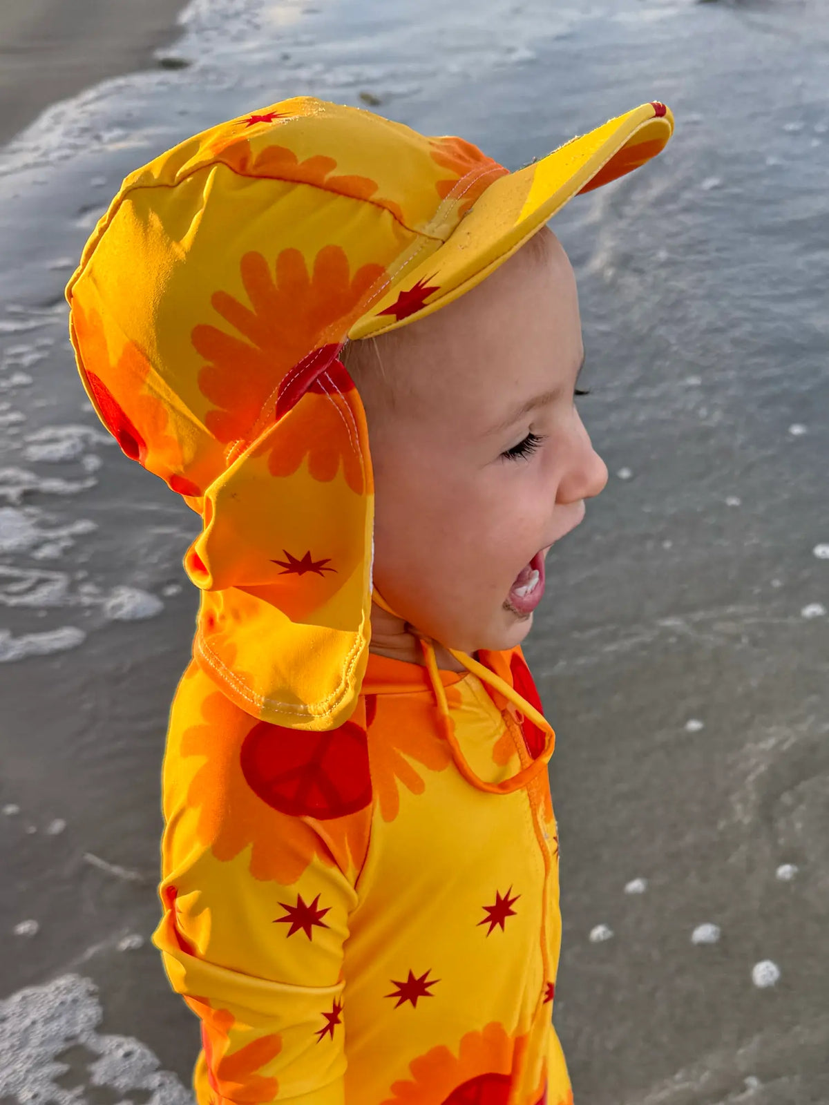 Peace Love and Sunshine legionnaire swim hat with neck flap, baby size, photo 3 – end of line UPF50+ sun hat on sale, by Cucumber Cool