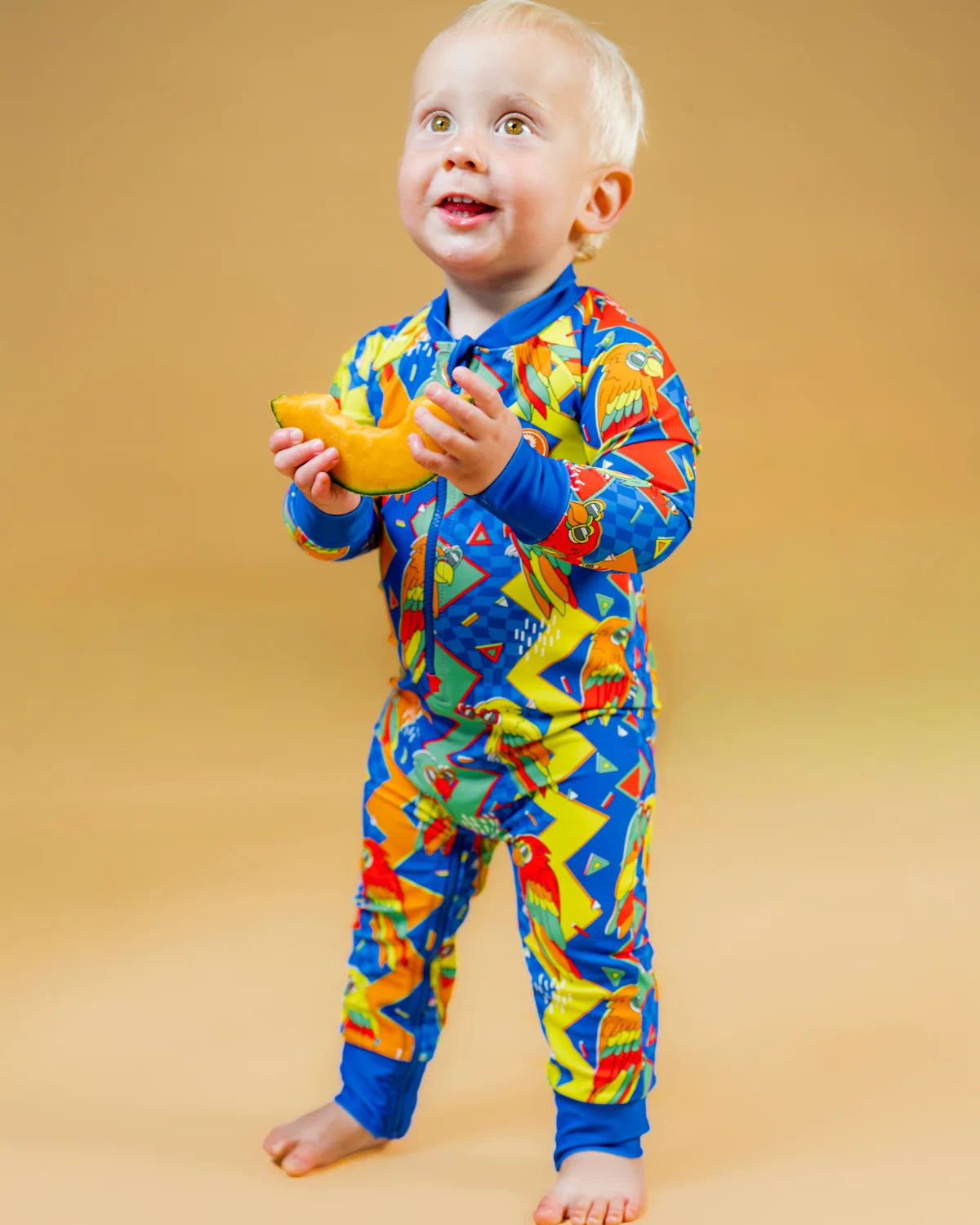 Polly Pizazz toddler sunsuit – bright UPF50+ long sleeve swimsuit by Cucumber Cool