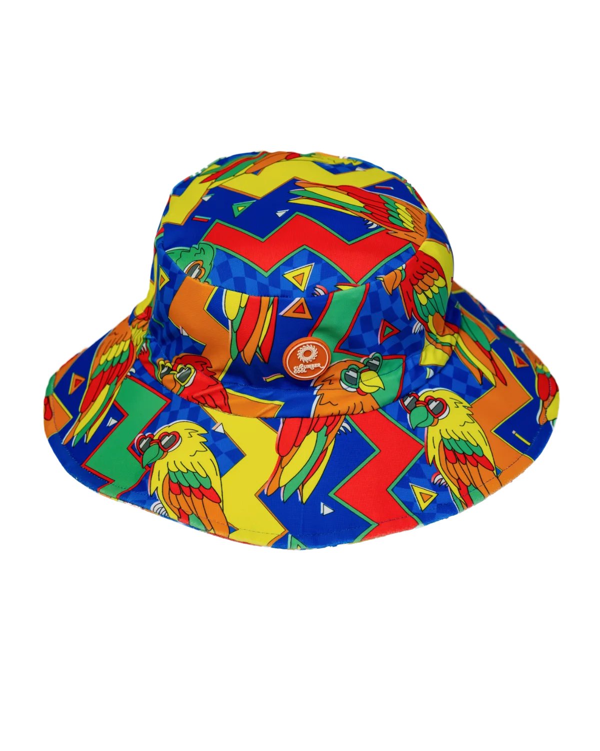 Polly Pizazz kids swim bucket hat with chin strap, big kids size, flat lay – bright UPF50+ round brim beach hat by Cucumber Cool