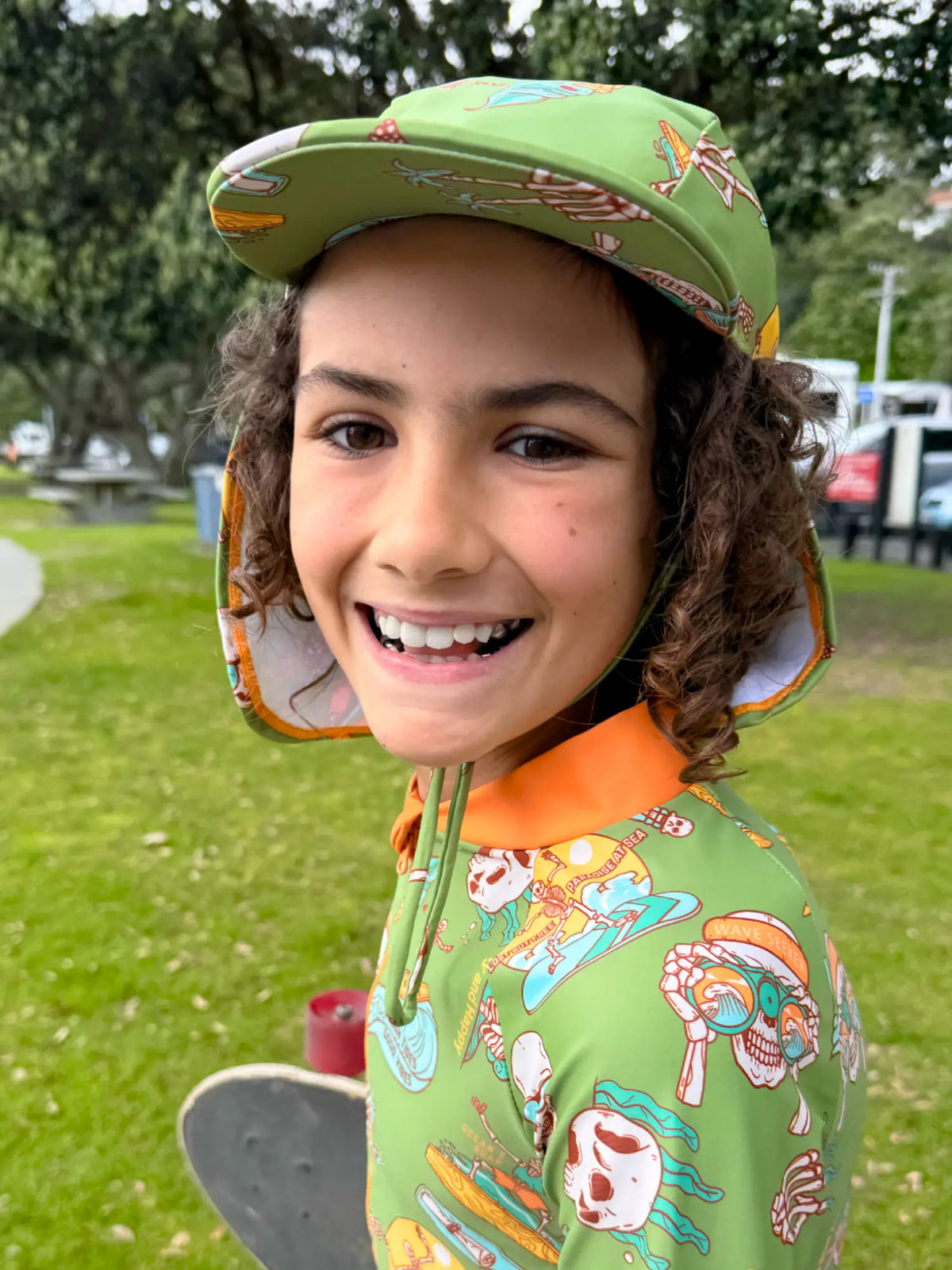 Skella Good Vibes legionnaire swim hat with neck flap, kids size – end of line UPF50+ sun hat on sale, by Cucumber Cool