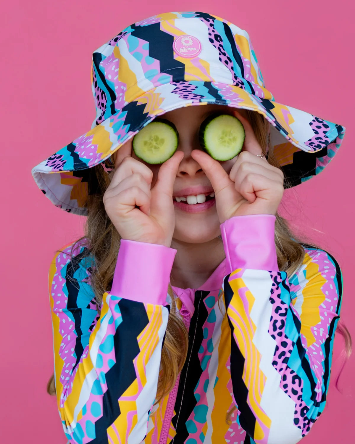 Snazzy Stripes striped kids swim bucket hat with chin strap, photo 3 – bright UPF50+ round brim beach hat by Cucumber Cool