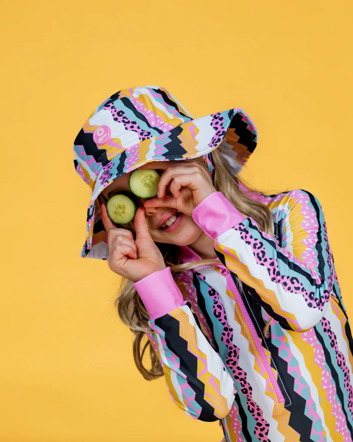 Snazzy Stripes striped kids swim bucket hat with chin strap, photo 4 – bright UPF50+ round brim beach hat by Cucumber Cool