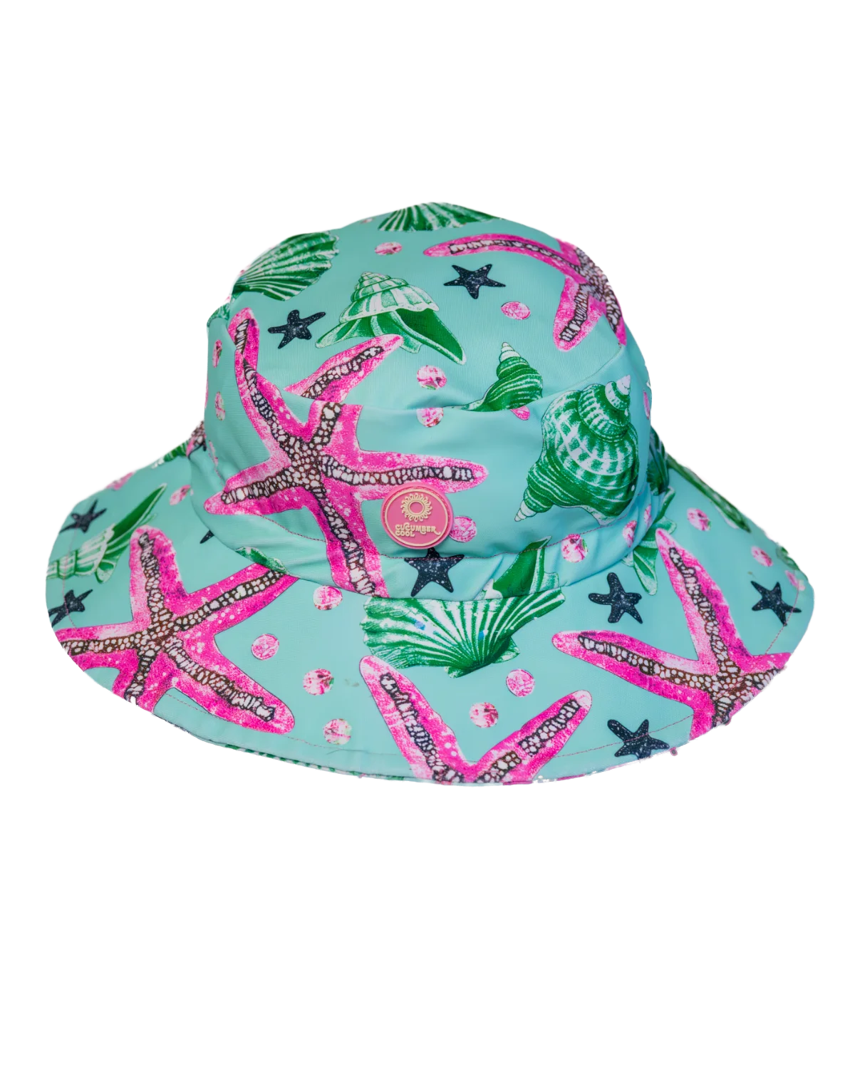 Starfish kids swim bucket hat with chin strap, big kids size, flat lay – bright UPF50+ round brim beach hat by Cucumber Cool