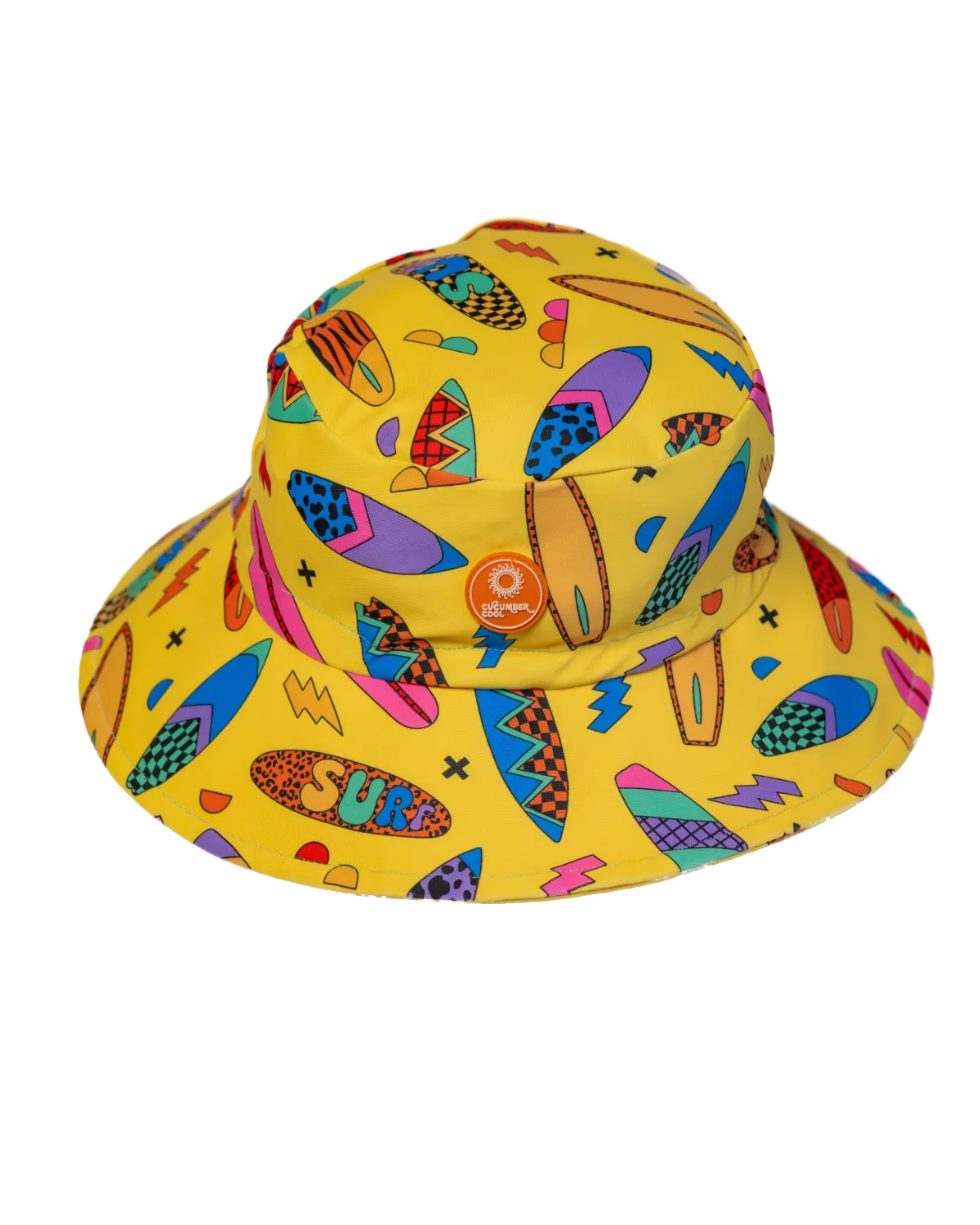 Surf's Up! kids swim bucket hat with chin strap, big kids size, flat lay – bright UPF50+ round brim beach hat by Cucumber Cool