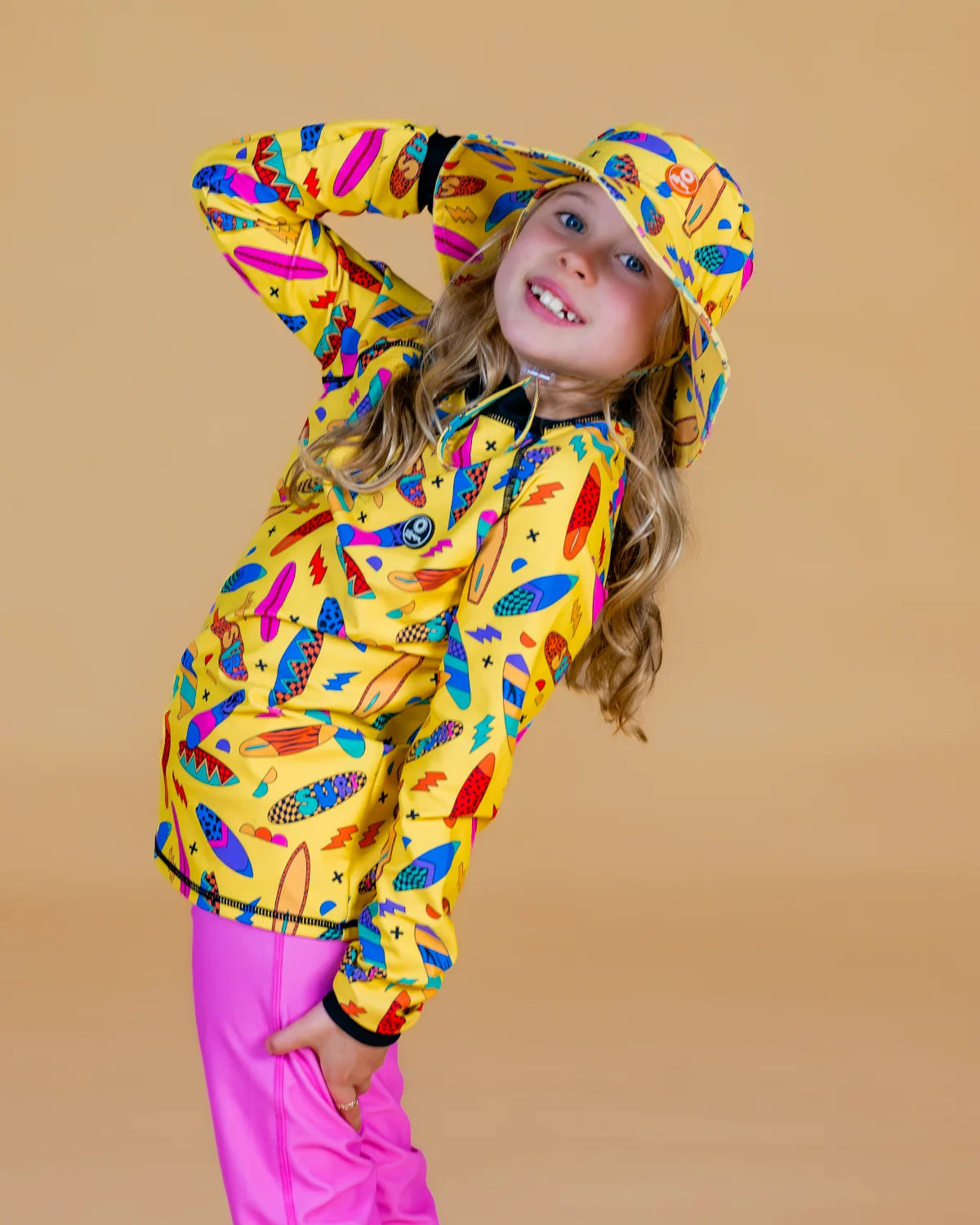 Surf's Up! kids swim bucket hat with chin strap, photo 2 – bright UPF50+ round brim beach hat by Cucumber Cool