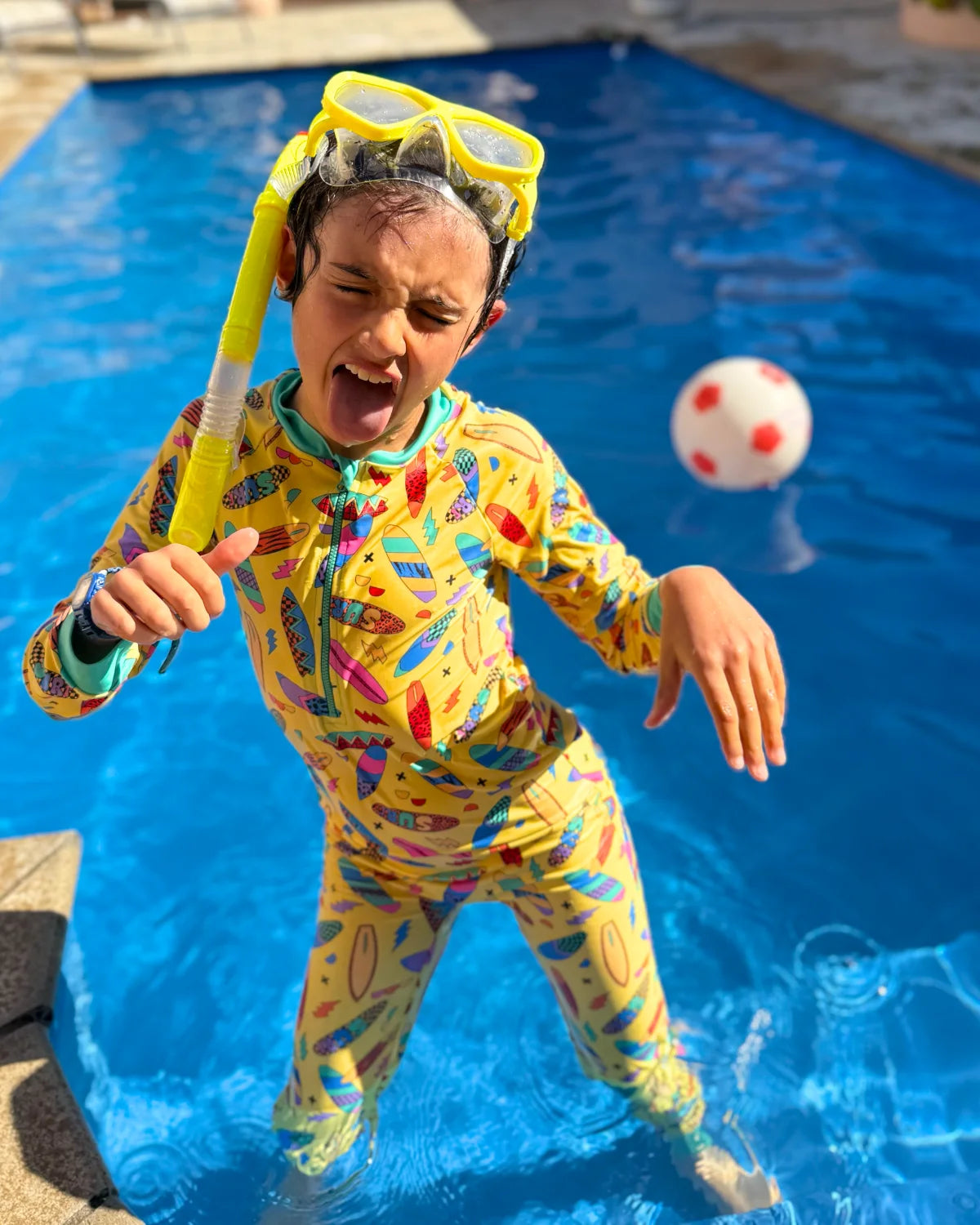 Surf's Up! kids sunsuit, photo 2 – bright UPF50+ long sleeve full coverage swimsuit by Cucumber Cool