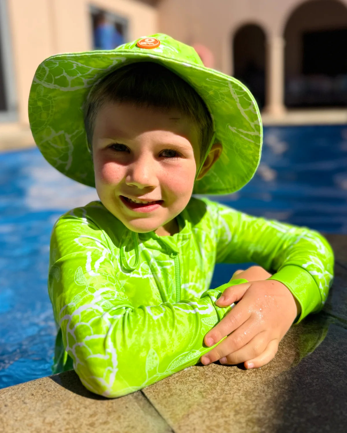 Turtle-Tastic kids swim bucket hat with chin strap, photo 4 – bright UPF50+ round brim beach hat by Cucumber Cool