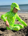 Turtle-Tastic turtle print kids sunsuit, photo 3 – bright UPF50+ long sleeve full coverage swimsuit by Cucumber Cool